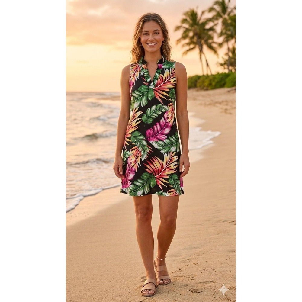 FSL Apparel Tropical Palm Leaf Print Ruffle V-Neck‎ Sleeveless Shift Dress Black